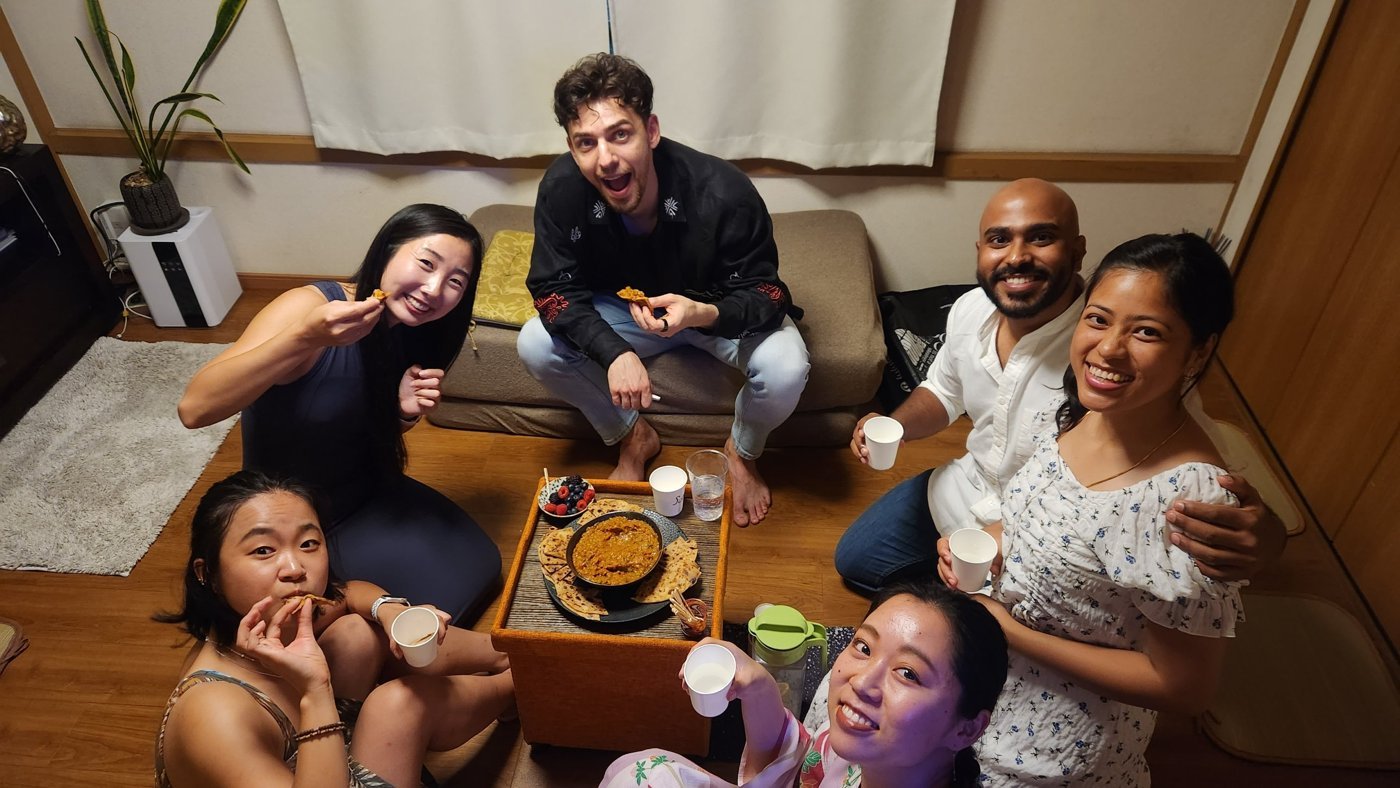 Crew sharing a home-cooked dinner