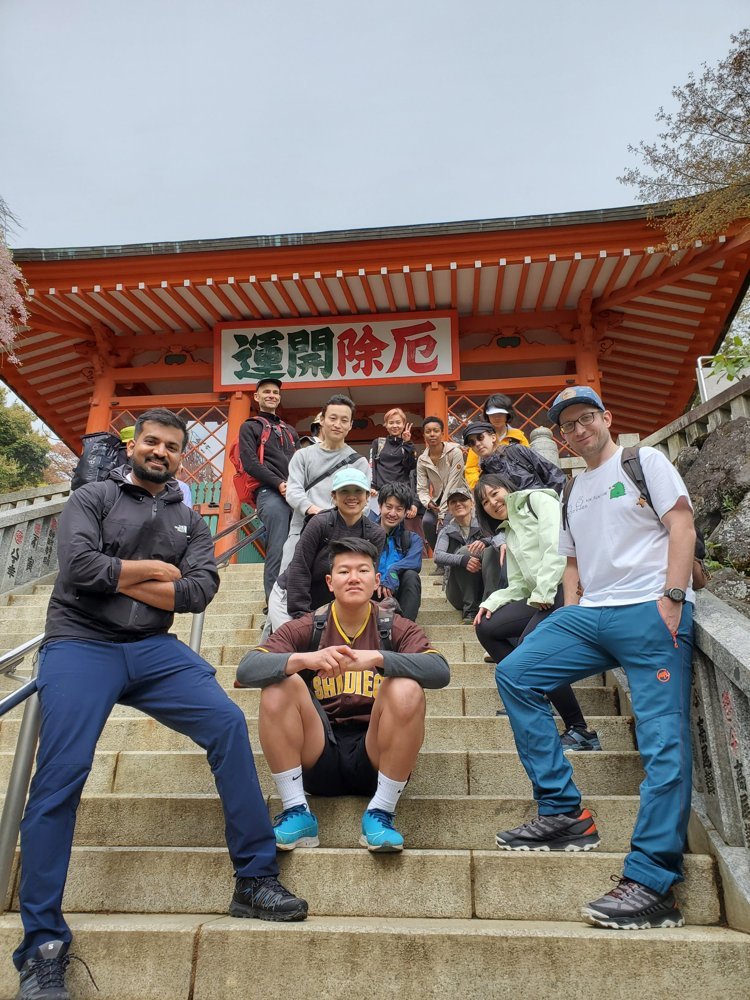 Hiking crew on the temple steps on Mt. Takao